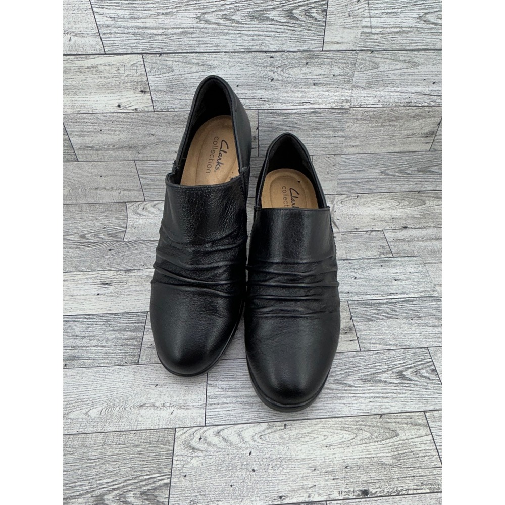 Clarks Collection Women Black Leather Ruched Shooties Block Heel Size 8W